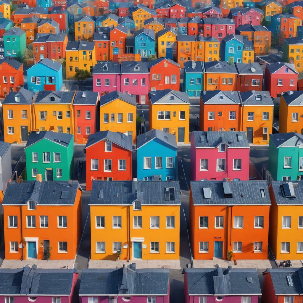 A diverse group of people examining rental listings on digital devices, immersed in a vibrant urban environment. Include symbols of affordable housing like houses, apartment buildings, and a digital interface depicting Woningnetwerk. The scene should capture a sense of community, hope, and aspiration for affordable living. Bright, welcoming colors, emphasizing inclusivity and opportunity. super-realistic. vibrant colors. 3D.