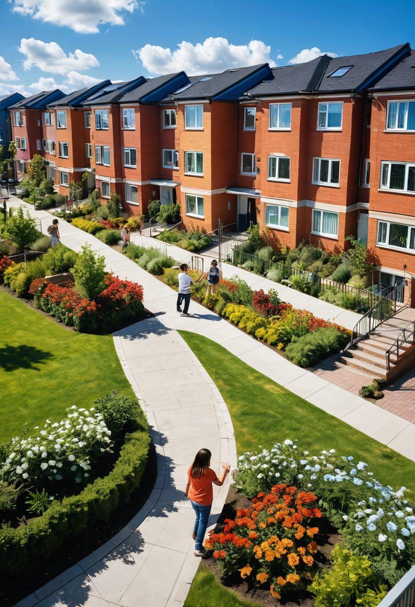 A cozy, inviting street scene showcasing diverse families in front of cheerful, modern social housing units with lush green parks nearby. Include children playing, adults socializing, and colorful flowerbeds to emphasize community and warmth. Bright blue sky with fluffy clouds to evoke a positive atmosphere. super-realistic. vibrant colors.